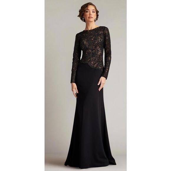 New Tadashi Shoji SHIKA EMBROIDERED CREPE GOWN In Black/ Nude Sz 6 $518 - Picture 1 of 12